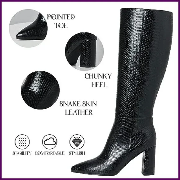 Knee High Boots Chunky Heel Slip On PU Leather Size 10 Fashion